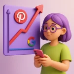 jovem 3d segurando um celular ao lado de um gráfico de buscas do pinterest e google