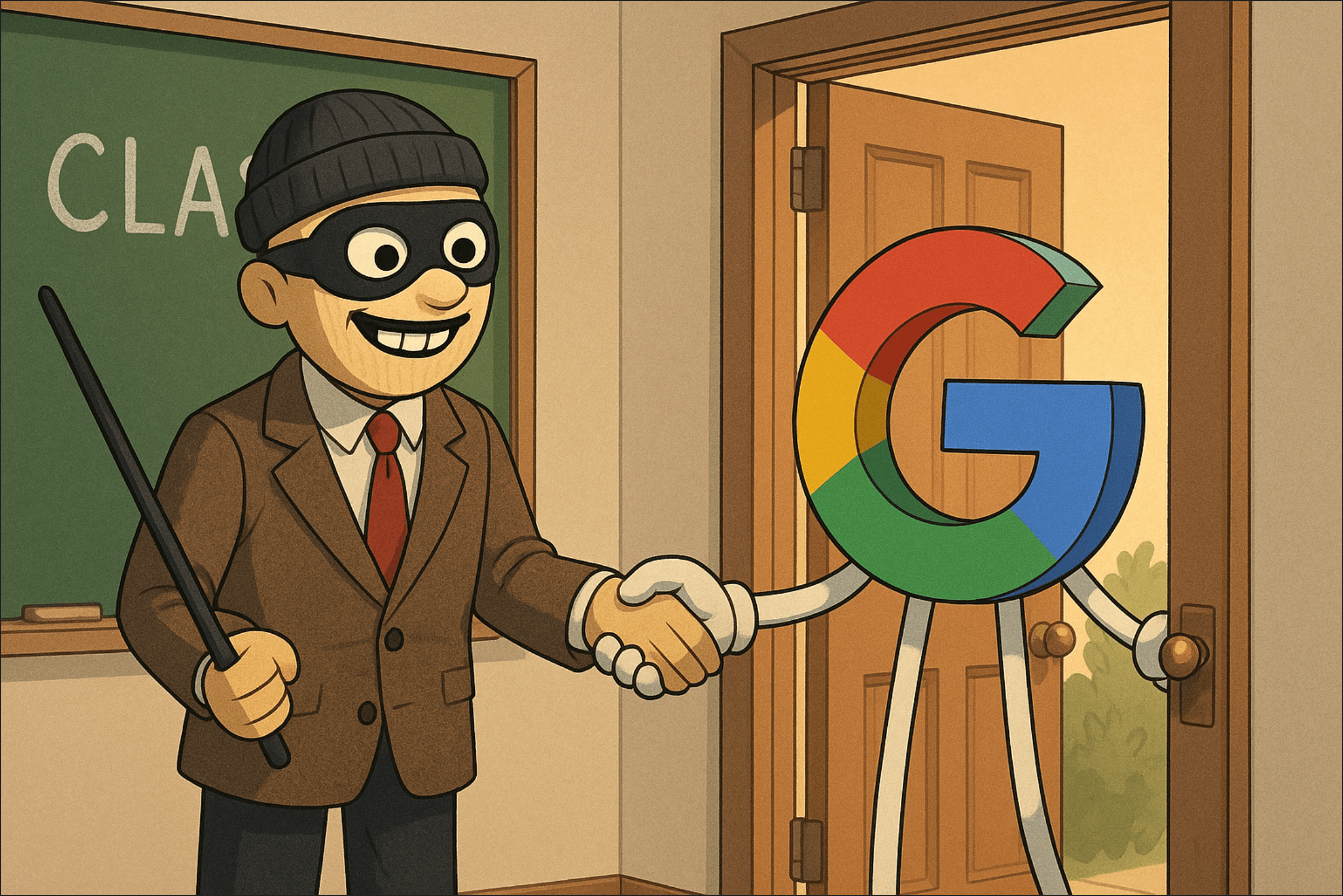 Desenho de um falso professor que é recebido por um boneco do Google
